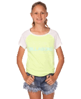 a young girl wearing a yellow billabong shirt