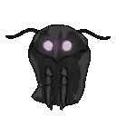 a pixel art drawing of a black moth with purple eyes and antennas .