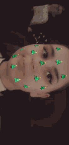 a girl with christmas trees on her face looks at the camera