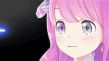 a close up of a pink haired anime character with green eyes