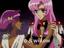 a couple of anime characters holding hands with the words astro & willow below them