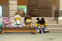 a group of cartoon characters sit around a table