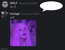 a picture of a girl with purple hair and a speech bubble that says wolf yesterday at 7:24 pm