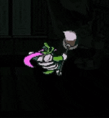 a pixel art drawing of a cat holding a stick in a dark room with a pink tail .