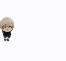 a stuffed toy of a boy with blonde hair and blue shorts is standing on a white background