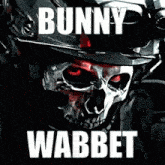 a skull wearing a helmet with the words bunny wabbet written on it