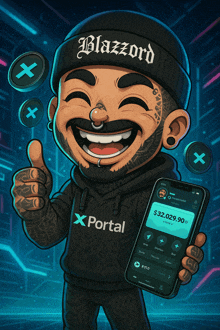 a cartoon of a man wearing a beanie with blazzard on it