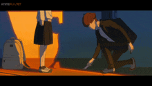 a man kneeling down holding a gun next to a girl with the words animeflv.net on the bottom