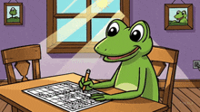 a frog is sitting at a table with a pencil in his hand