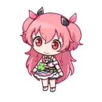 a little girl with pink hair is wearing a striped dress and holding a flower .