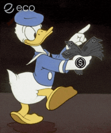 a cartoon of donald duck holding a bunch of money and pointing