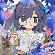 a girl with glasses is surrounded by rabbits and leaves and says usasaki on it