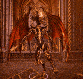 a demon with red wings is standing in a room with columns