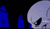 a cartoon skeleton is smiling in front of a blue door .