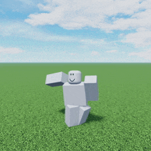 a cartoon character with a smiley face is standing in a field