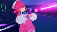 a girl in a pink jacket is holding a gun and shooting a laser .