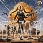 a woman with a smiley face on her head is holding a gun in front of an explosion .