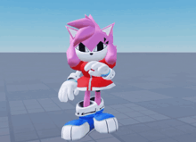 a 3d model of amy the hedgehog wearing a red jacket and blue shoes
