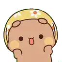 a cartoon bear wearing a yellow hat with flowers on it is making a funny face .