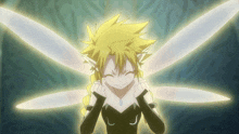 a fairy with yellow hair and white wings is making a face
