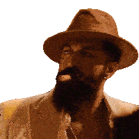 a man with a beard wears a hat and smoking a cigar