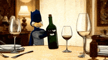 a duck dressed as batman holds a bottle of wine