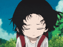 a girl with black hair and a white shirt is looking down with her eyes closed