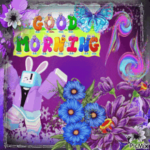 a colorful greeting card that says good morning with flowers and butterflies