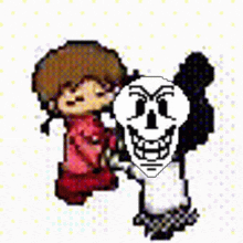a pixel art of a person holding hands with a skeleton behind them