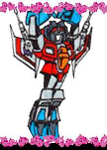 a cartoon drawing of a robot holding a gun surrounded by flowers .