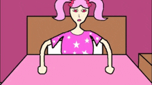 a cartoon of a girl with pink hair laying in bed