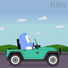 a cartoon of a penguin driving a car with the word pengu on the bottom right