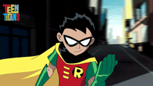 a cartoon of robin from teen titans waves his hand