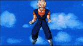 a cartoon character is flying through the air with a blue sky in the background