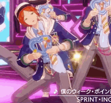 a group of anime characters are dancing on a stage while holding heart shaped candies .