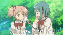 a couple of anime girls are standing next to each other with the words aubrey and lou written on the bottom