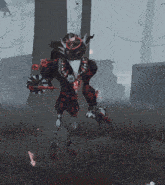 a video game character is standing in a field with a sword in his hand