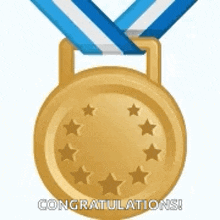 a gold medal with stars on it and a blue and white ribbon around it .