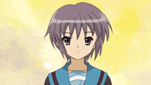a cartoon character with purple hair and a blue shirt