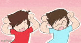 a cartoon of two boys with their hands in the air .