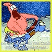 patrick star from spongebob squarepants is holding a bottle of beer in his hand .