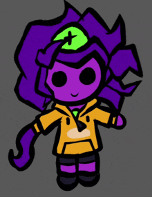 a cartoon character with purple hair and a yellow jacket