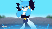 a cartoon of a girl with blue hair and black wings dancing