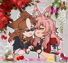 a picture of two girls with the words happily married on the bottom right