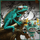 a chameleon is sitting on a statue next to a monster that has the number 52 on it