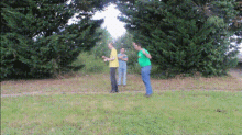a man in a green shirt is standing in the grass with two other men