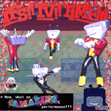 a pixel art of a group of cartoon characters with the words wow what an amazing performance