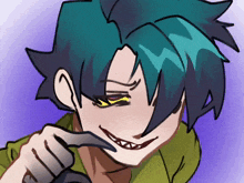 a drawing of a person with blue hair and yellow eyes making a funny face