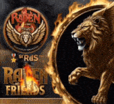 a logo for raden and friends with a lion in the background