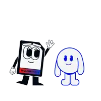 two cartoon characters with n.closemedia written on their bodies